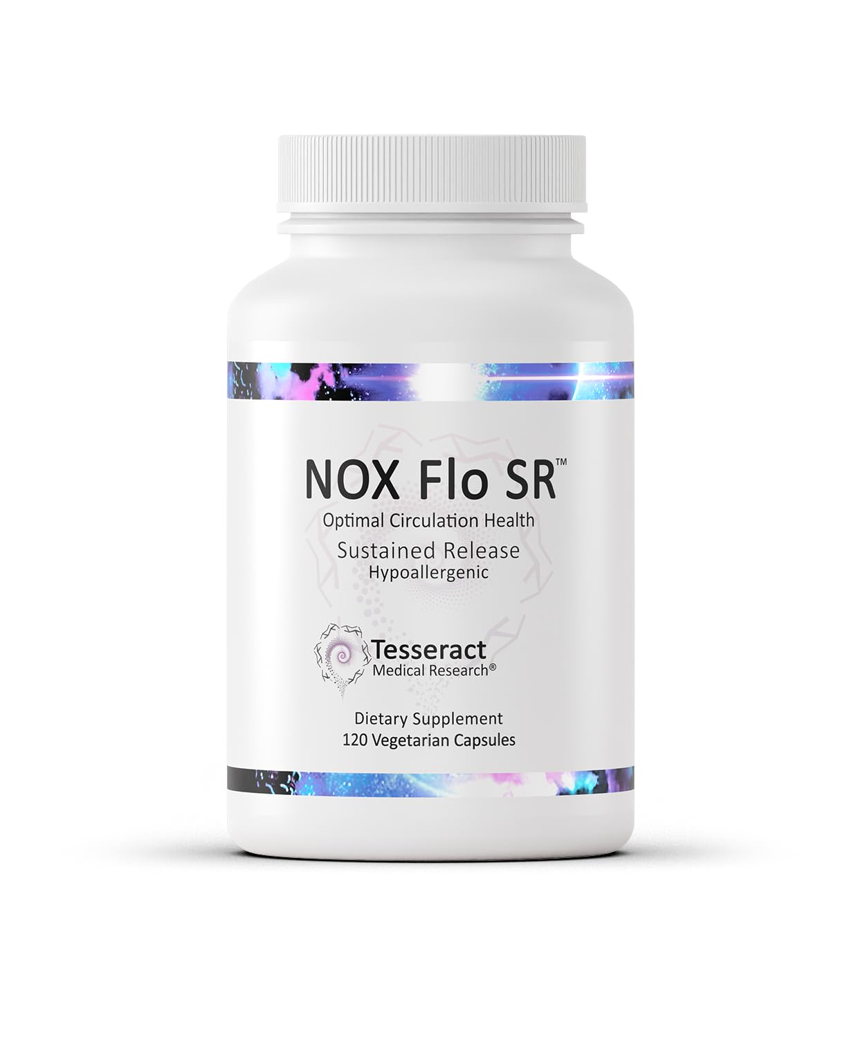 Tesseract NOX Flo SR bottle demonstrates sustained-release support for circulation.