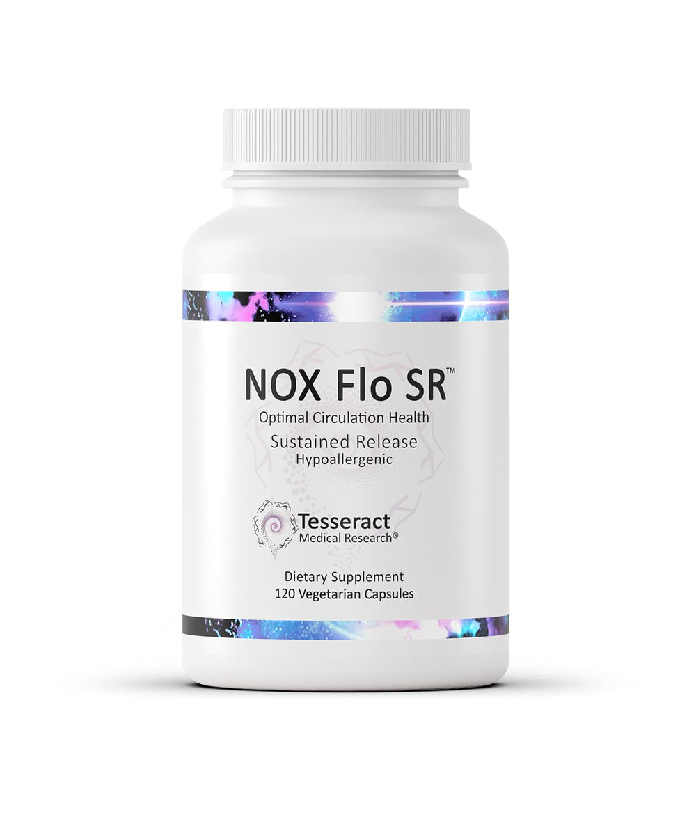 Tesseract NOX Flo SR bottle demonstrates sustained-release support for circulation.