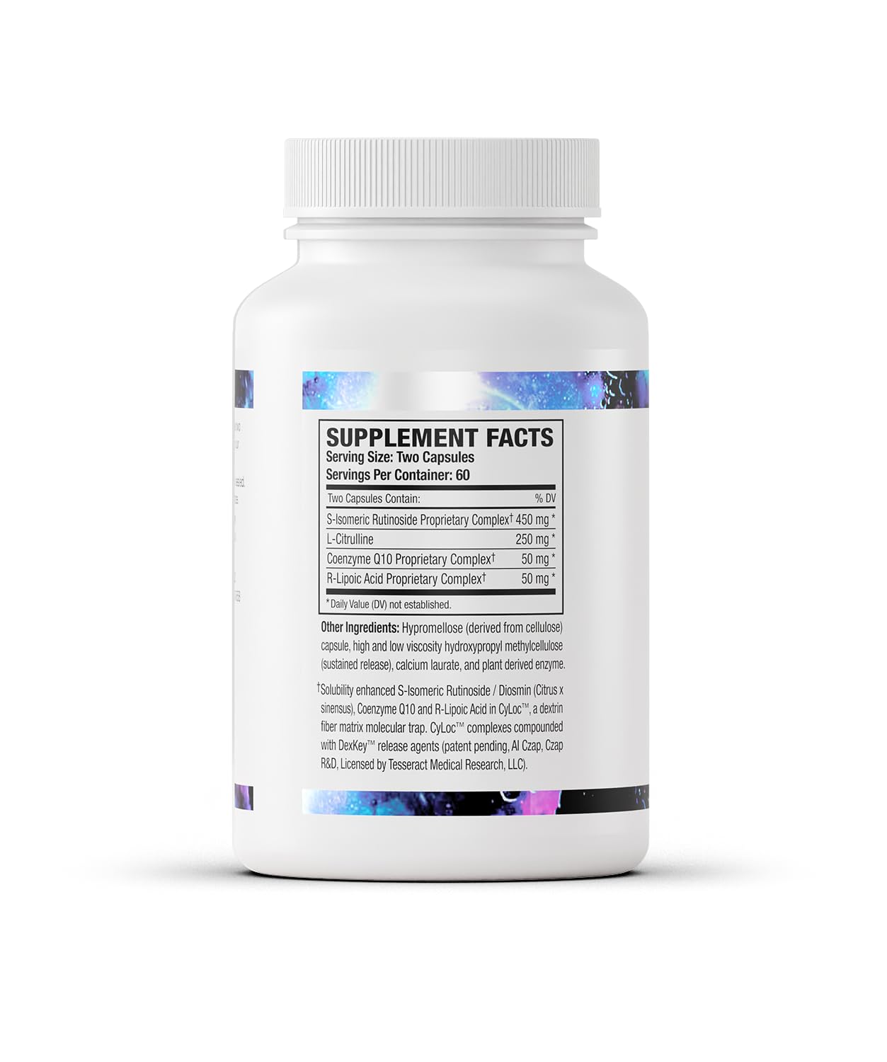 Tesseract NOX Flo SR label highlights CoQ10 and R-Lipoic Acid for nutrient support.