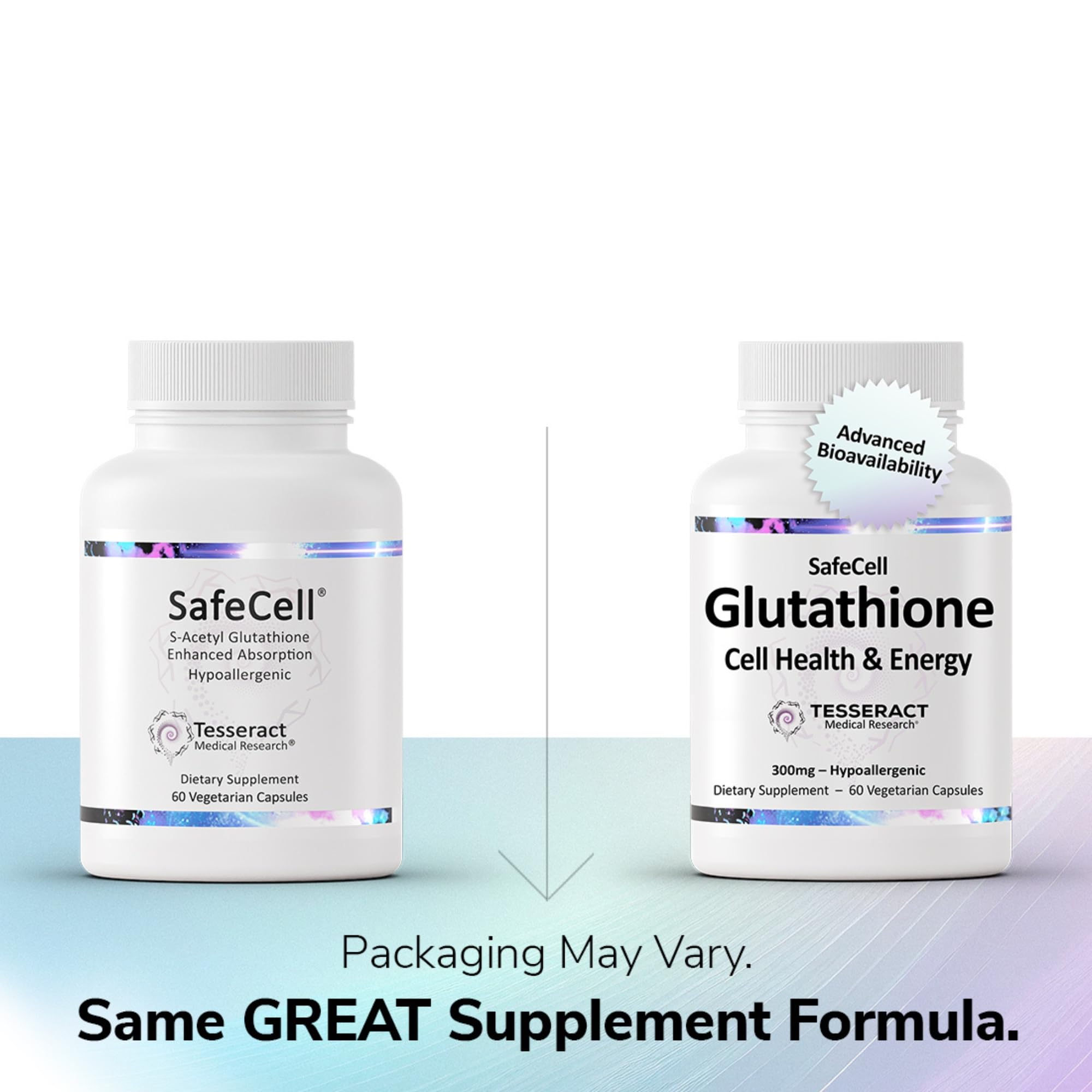 Close-up of SafeCell supplement bottle and label