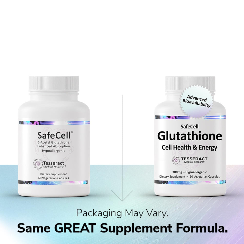 Close-up of SafeCell supplement bottle and label