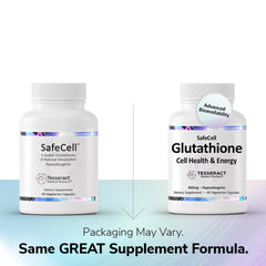 Close-up of SafeCell supplement bottle and label