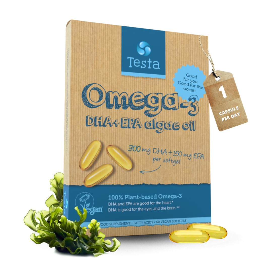 Testa Omega-3 vegan algae-based omega-3 bottle and label