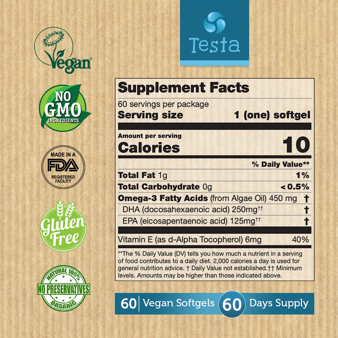 Nutrition facts panel for Testa Omega-3 algae oil