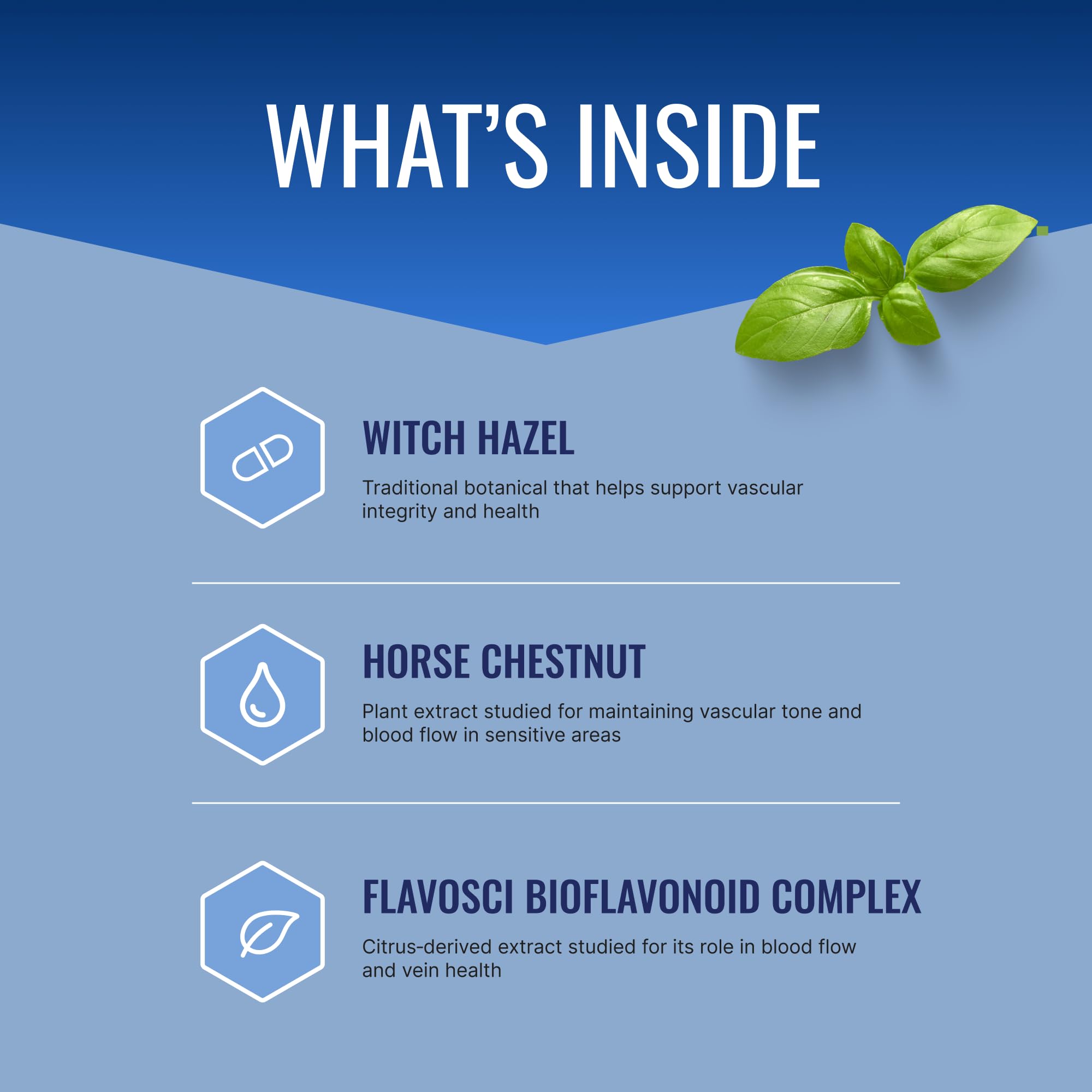 Close-up of Witch Hazel and Horse Chestnut ingredients for vein health