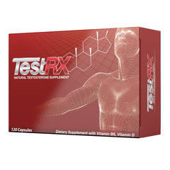 TESTRX testosterone booster bottle and label showing natural support for workouts