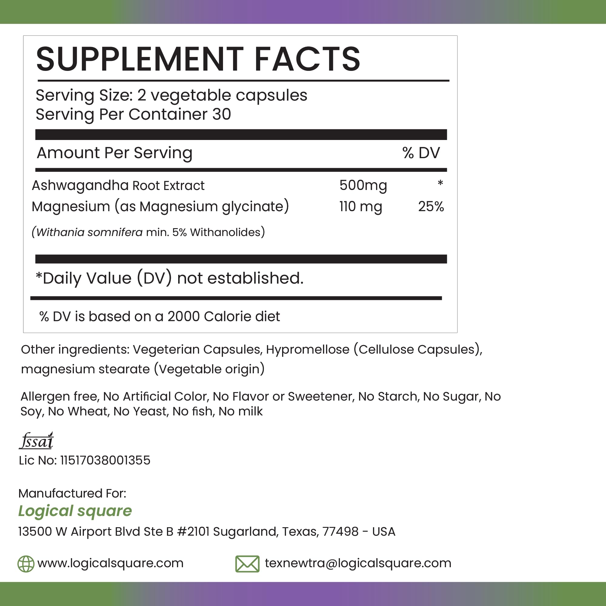 Close-up of Ashwagandha Root Extract 5% Withanolides label