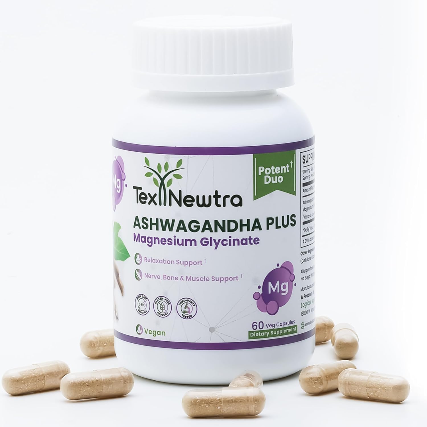 Front view of TEX NEWTRA Ashwagandha and Magnesium Glycinate bottle