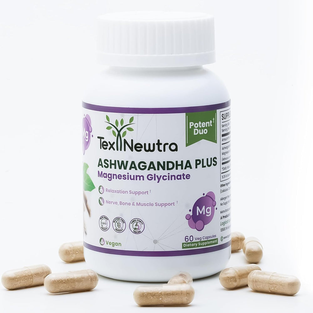 Front view of TEX NEWTRA Ashwagandha and Magnesium Glycinate bottle