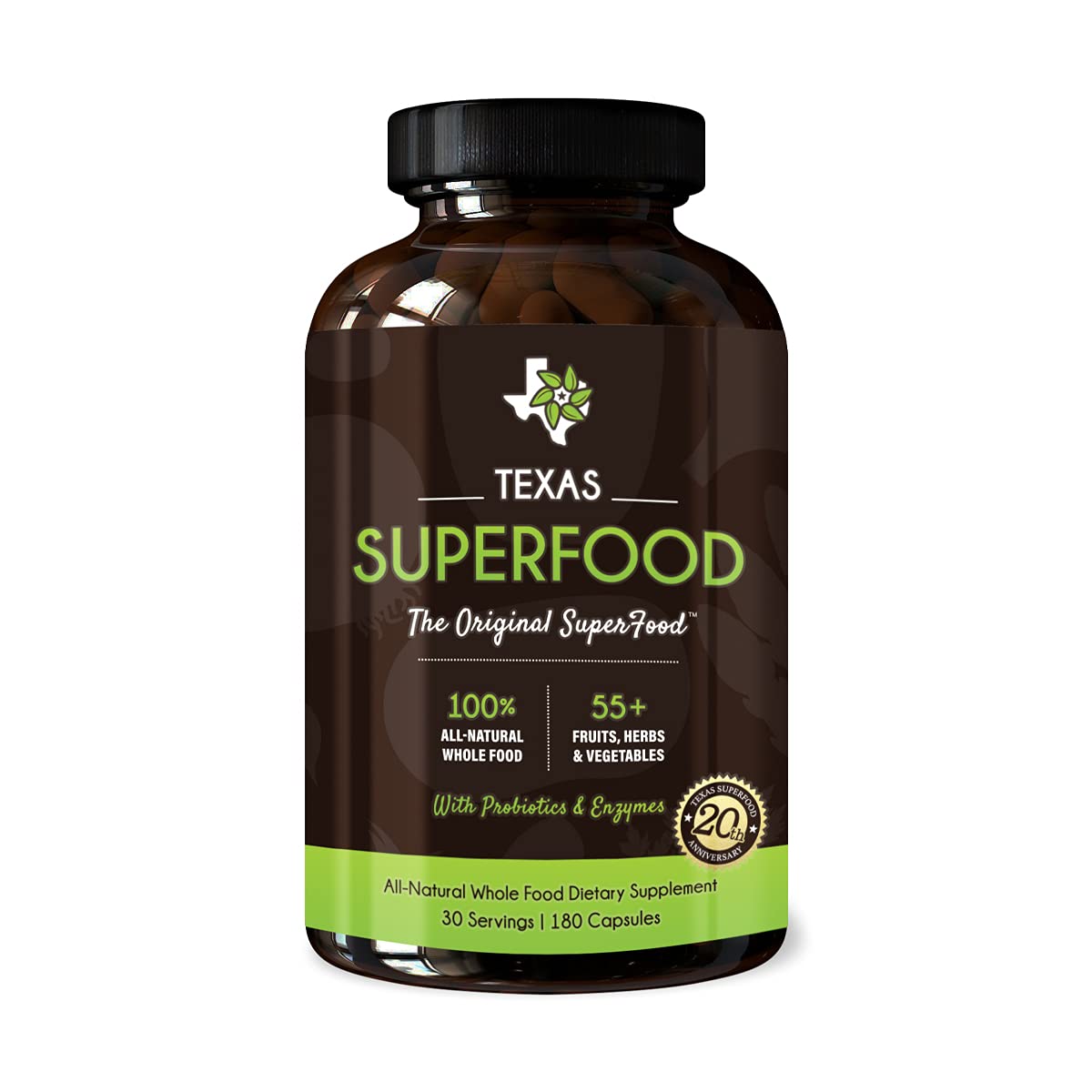 Texas SuperFood Original Capsules bottle – 180-count, vegan, non-GMO, gluten-free