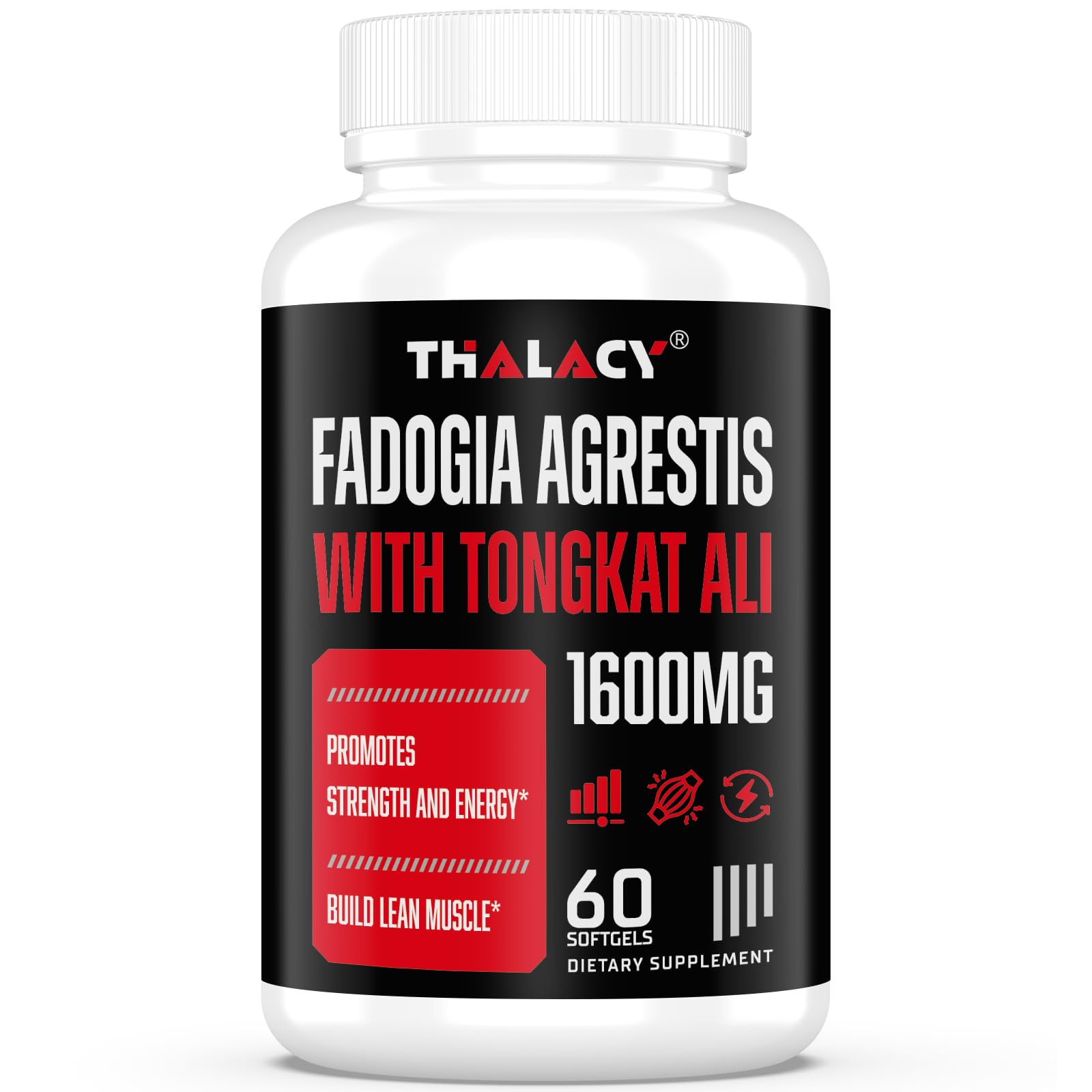 Thalacy 1600mg Fadogia Agrestis Tongkat Ali supplement bottle shows energy and workout support.