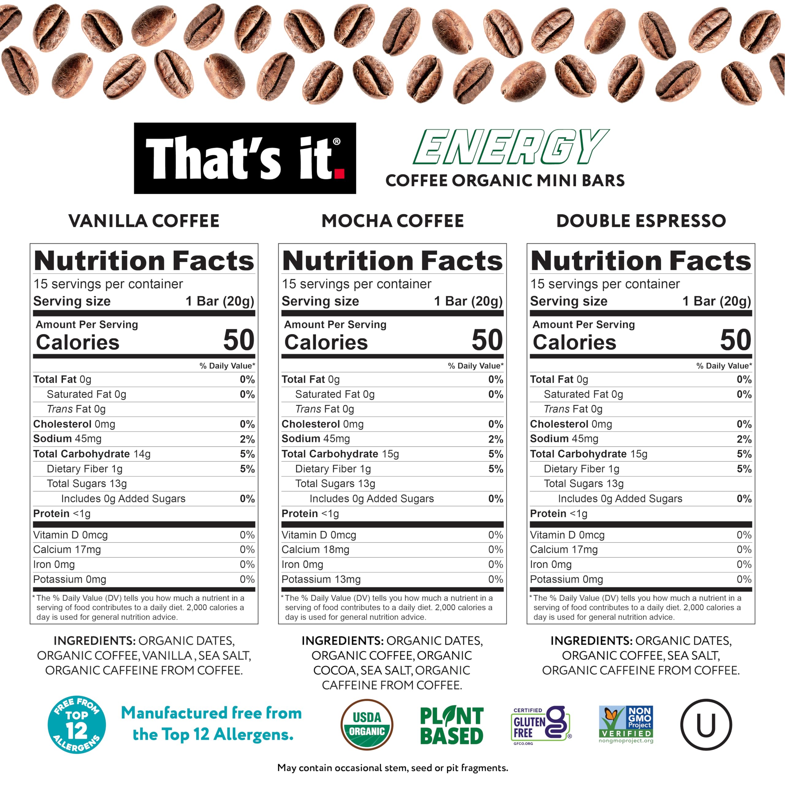 That's it Organic Energy Coffee Mini Bar packaging back shows allergen and nutrition details.