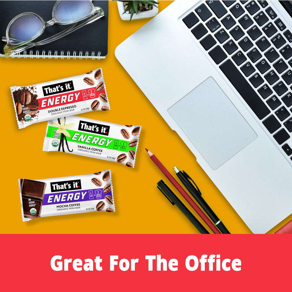 That's it Variety Box of Organic Energy Coffee Mini Bars shown for on-the-go snacking.