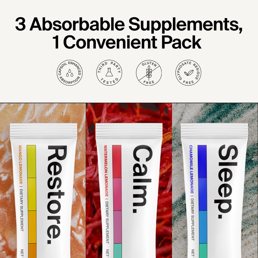 The Absorption Company Restore electrolyte packets glass after-workout hydration.