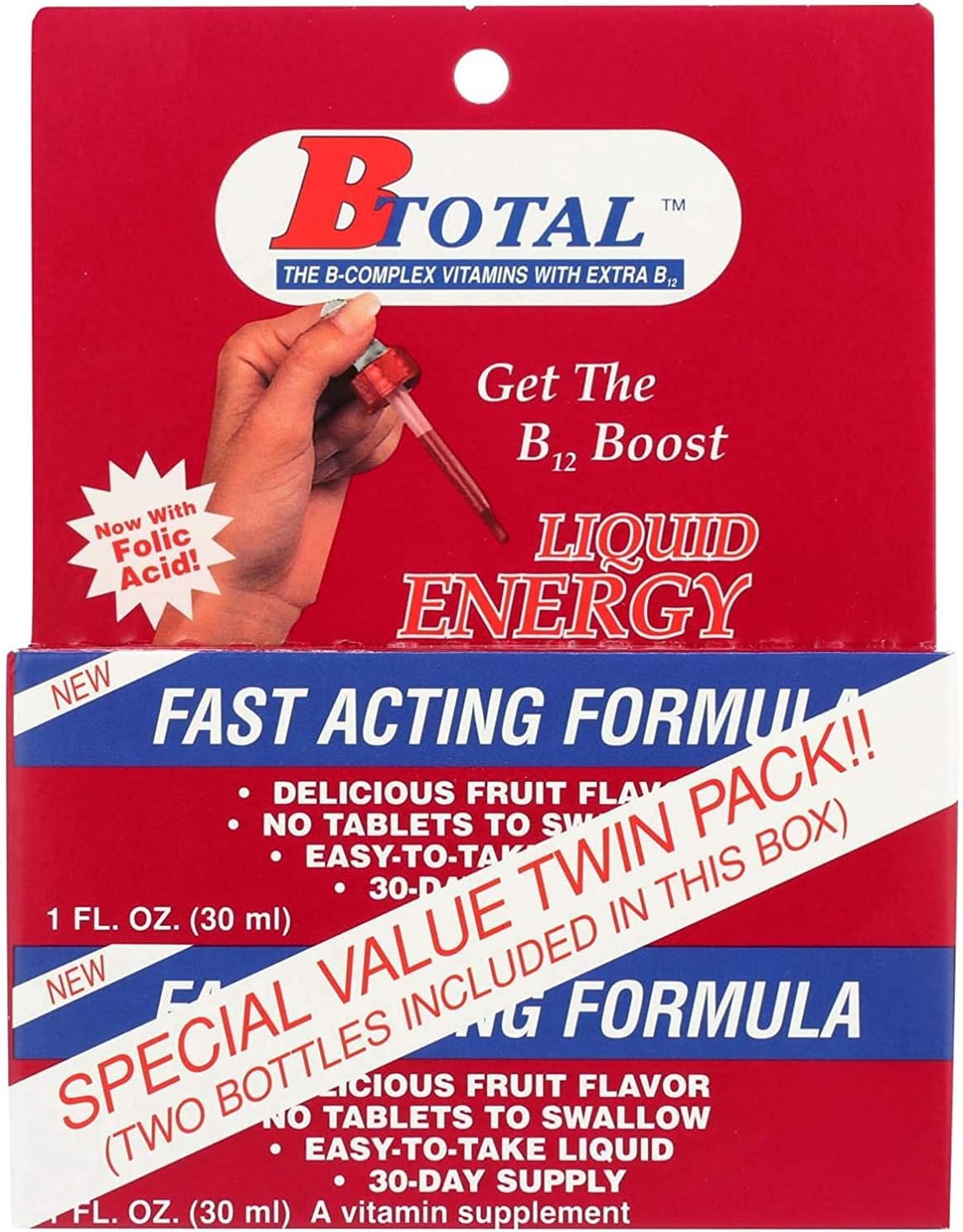Front view of The B-Total Solution sublingual B vitamins bottle