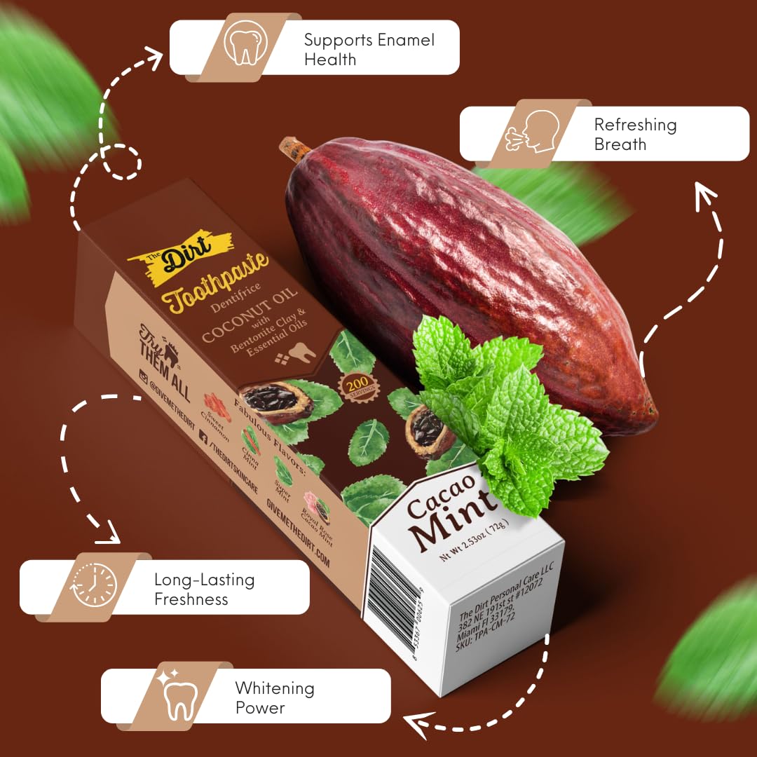 Toothpaste tube showing cacao mint flavor