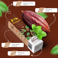 Toothpaste tube showing cacao mint flavor