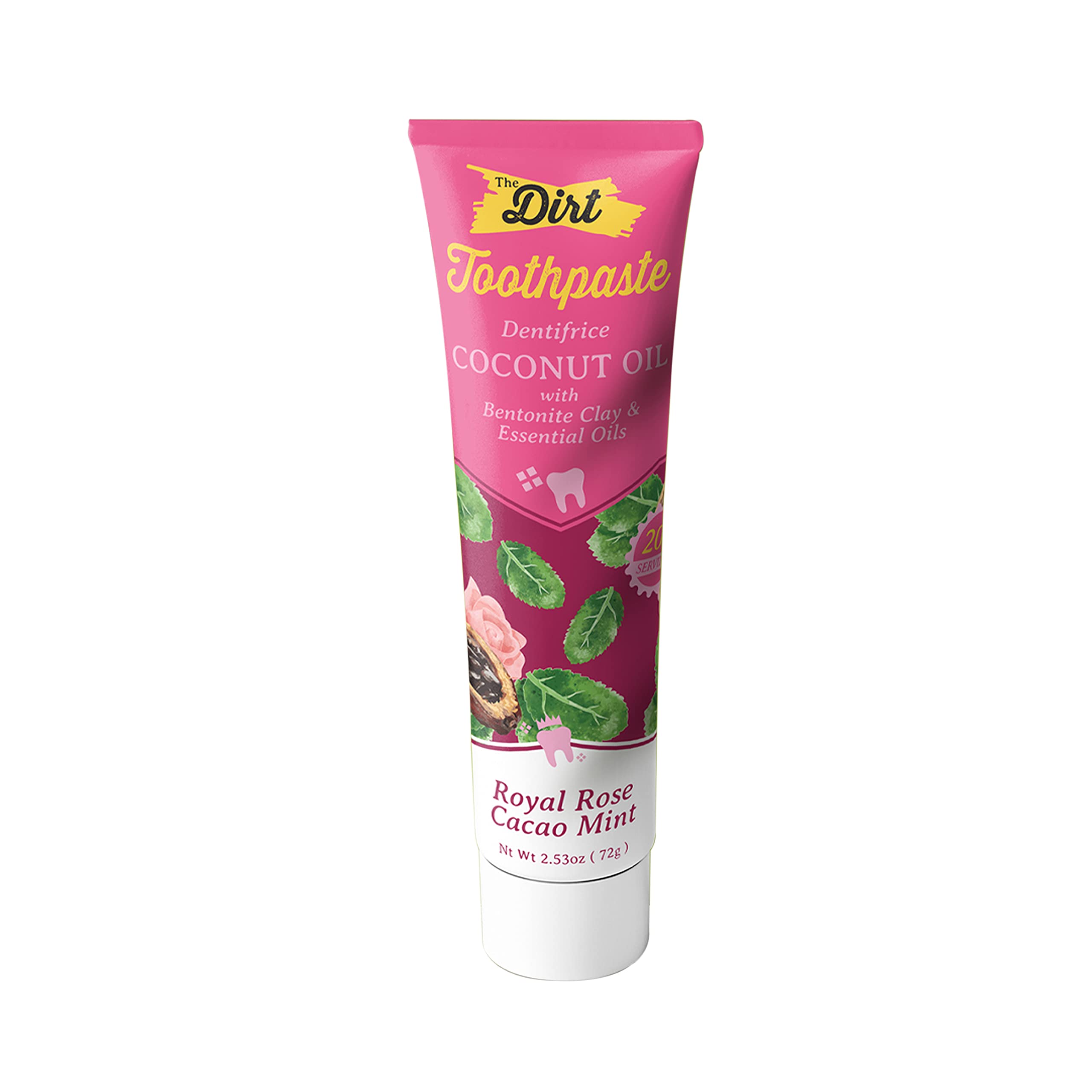 Product bottle and packaging for THE DIRT Coconut Oil Toothpaste - Rose Cocao Mint