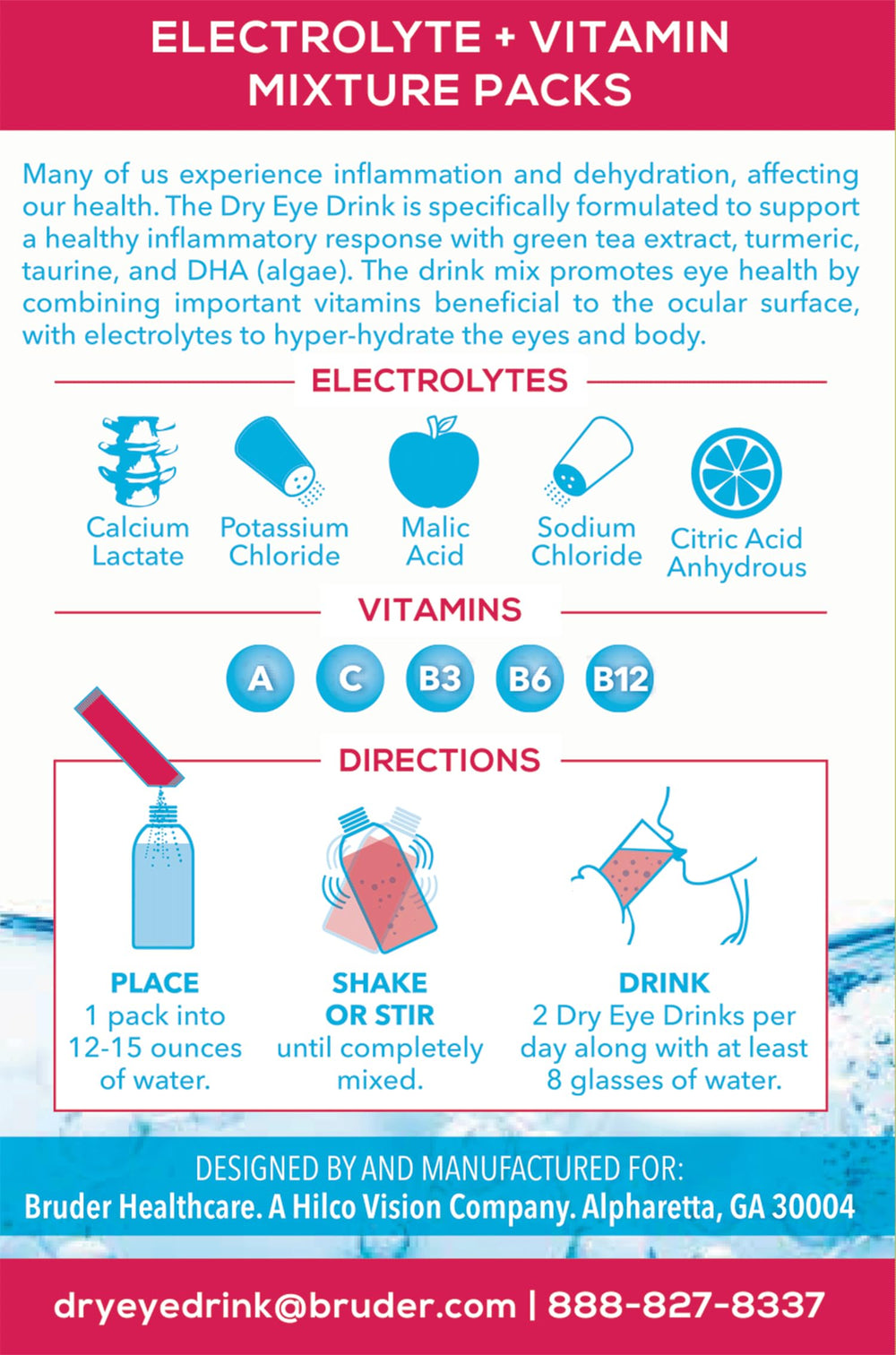 The Dry Eye Drink mixed berry packet closeup showing convenient hydration