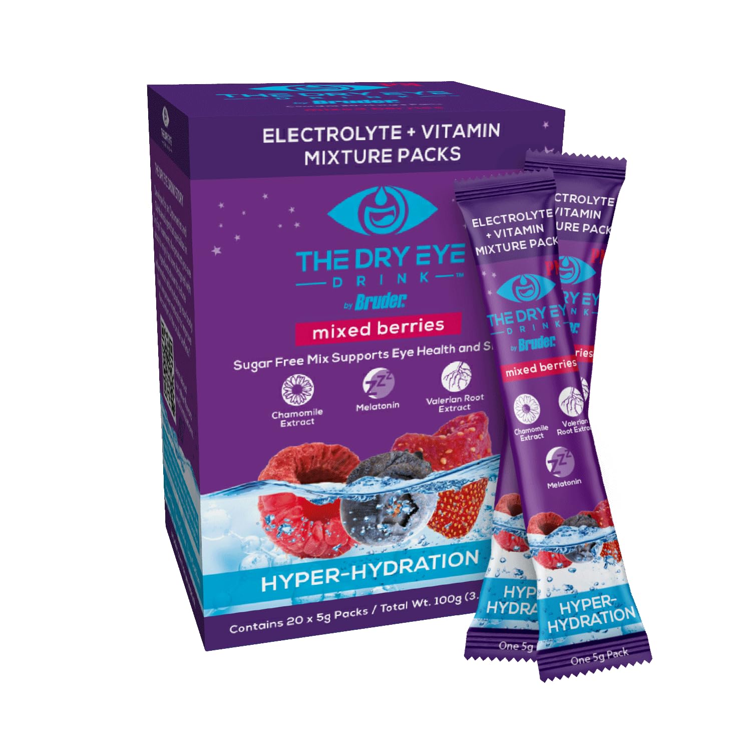 The Dry Eye Drink PM Mixed Berry stick dissolving in water for rapid hydration