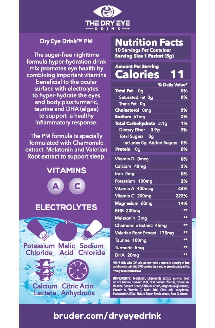The Dry Eye Drink stick packet dissolves in water for sugar-free hydration.