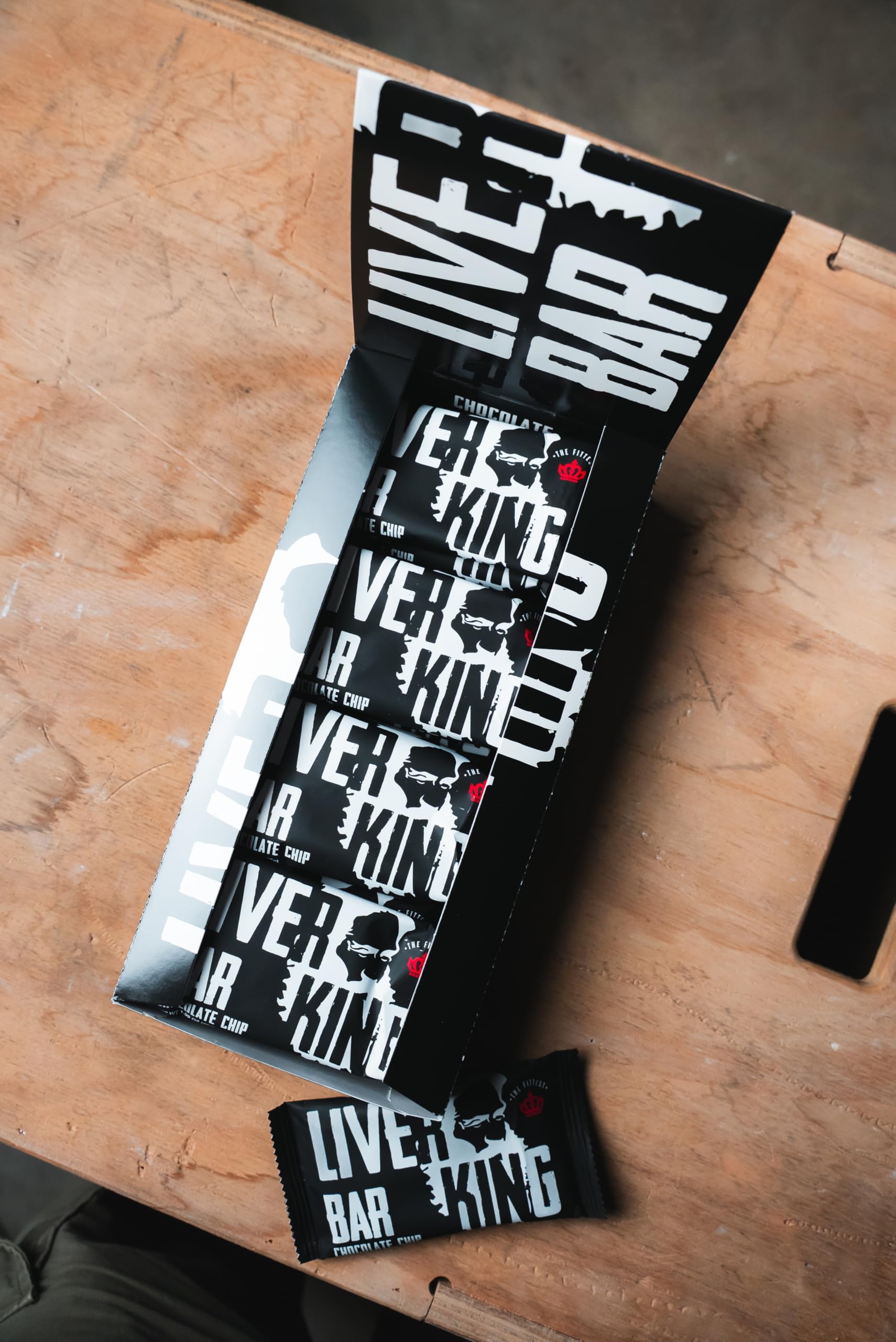 The Fittest Ever THE FITTEST Chocolate Chip Liver King Bar close-up ingredients showing beef liver and collagen benefits