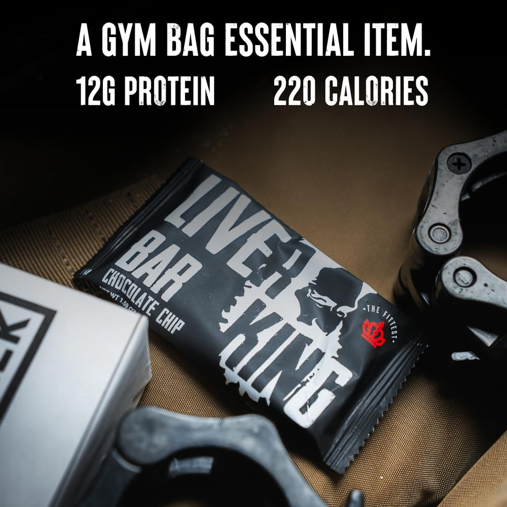 The Fittest Ever THE FITTEST Chocolate Chip Liver King Bar lying on counter emphasizing convenient gluten-free protein snack