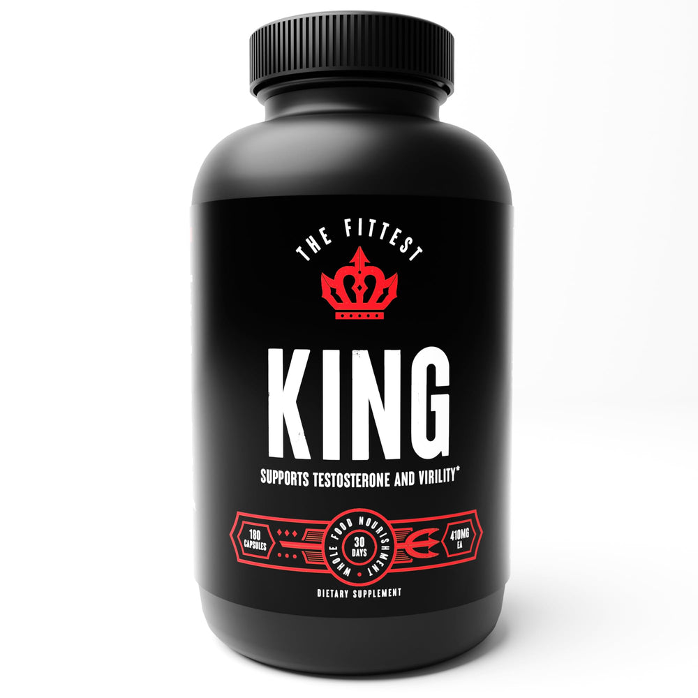 The Fittest Ever The Fittest King bottle label boosts vitality and hormone balance in daily use.