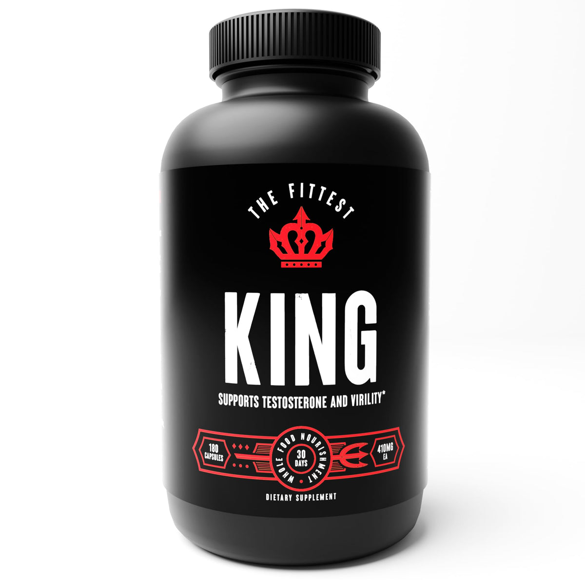 The Fittest Ever The Fittest King bottle label boosts vitality and hormone balance in daily use.