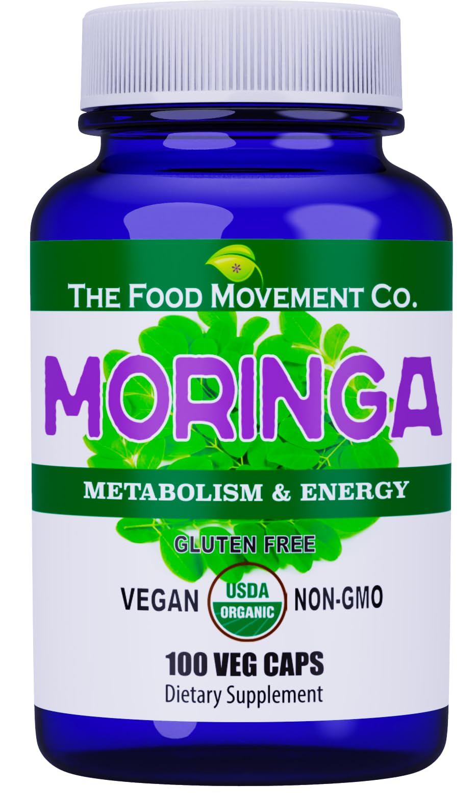 Front view of The Food Movement CO. Moringa bottle