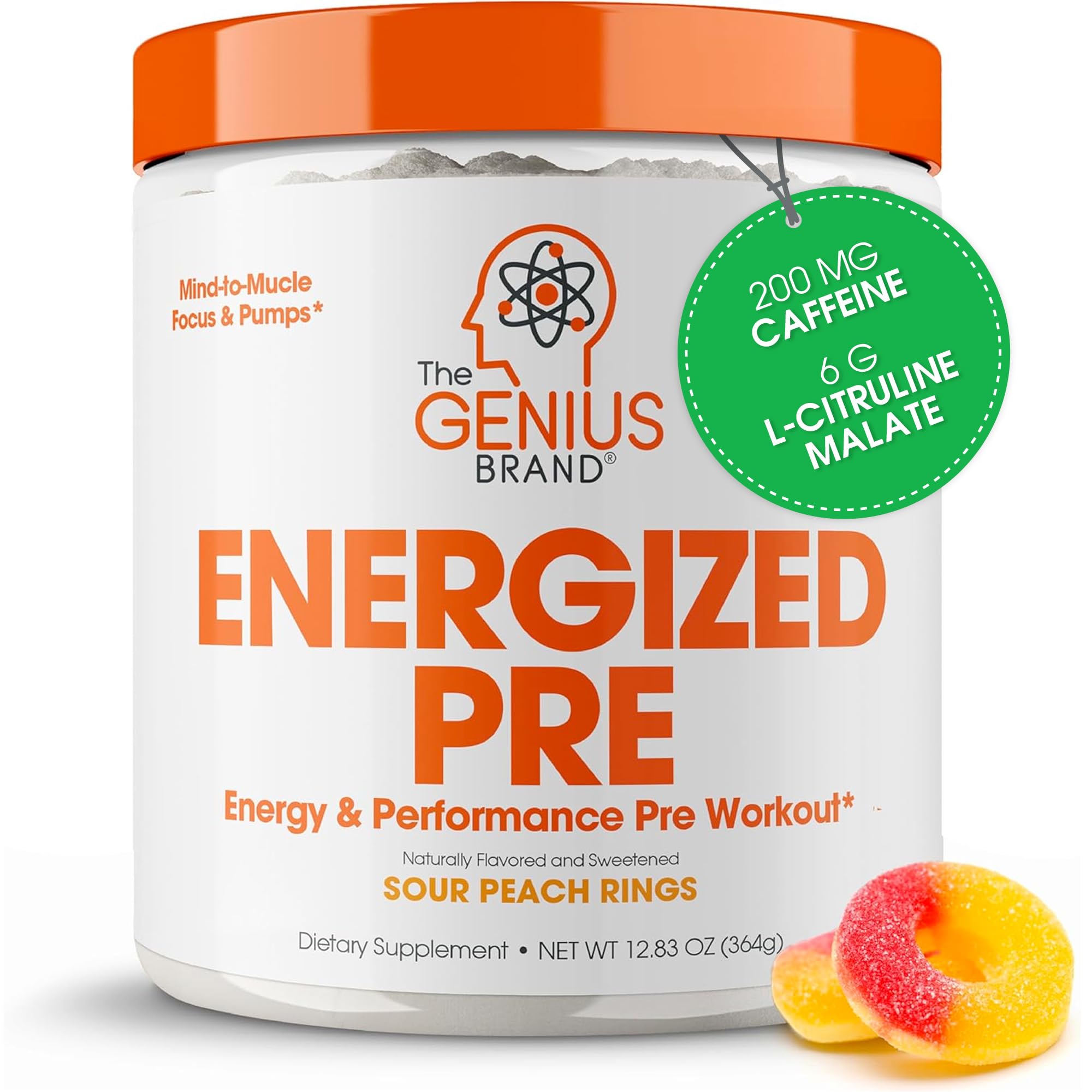 The Genius Brand Energized Pre-Workout tub front showing caffeine-powered energy for workouts.