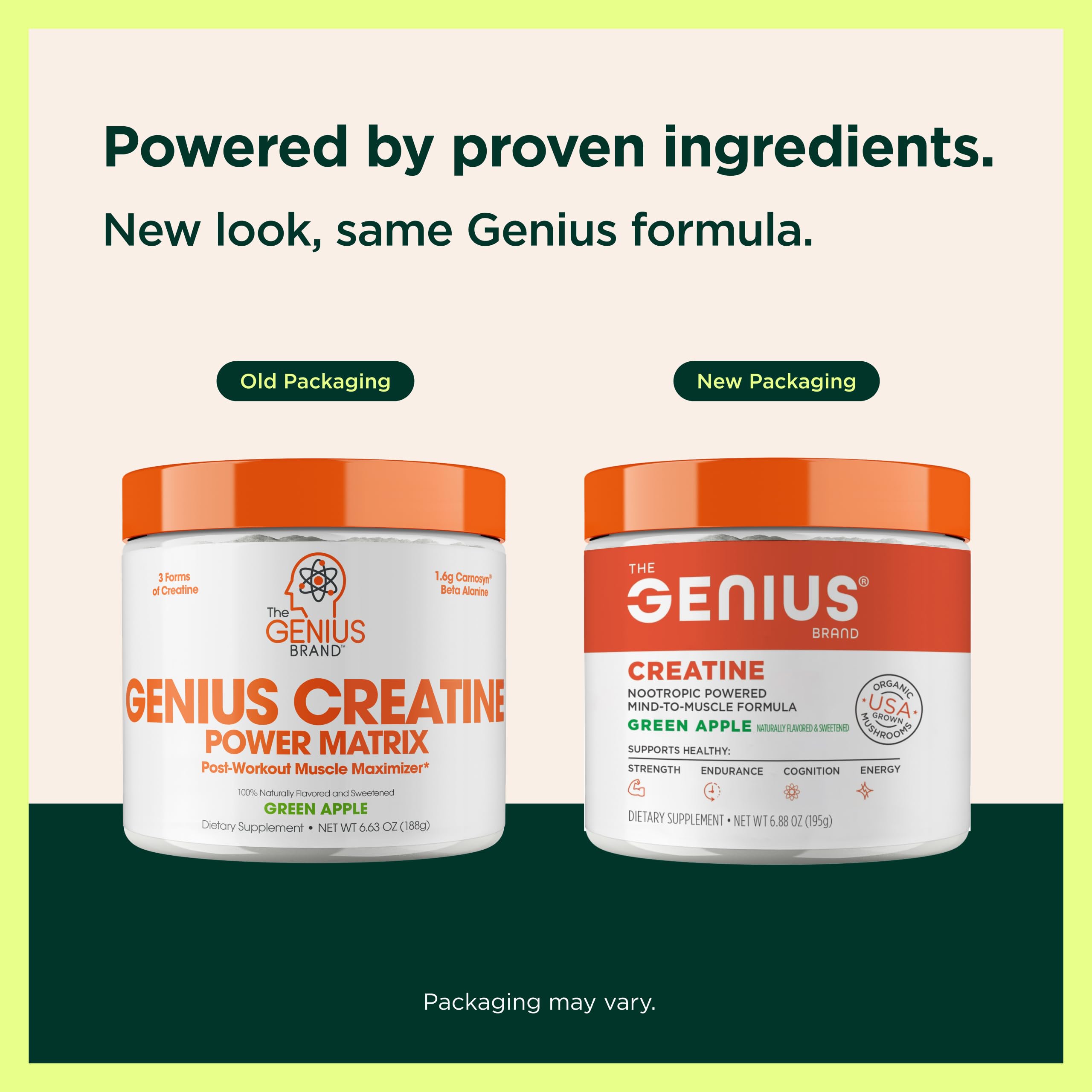 The Genius Brand etiqueta con lista de ingredientes y beneficios claros