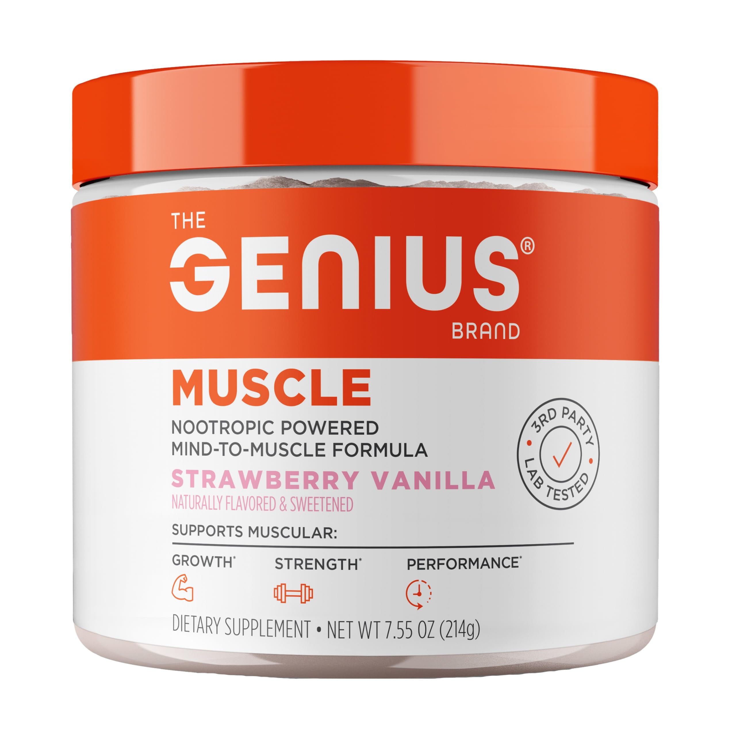 The Genius Brand Genius Muscle bottle close-up highlights a premium endurance-support formulation.