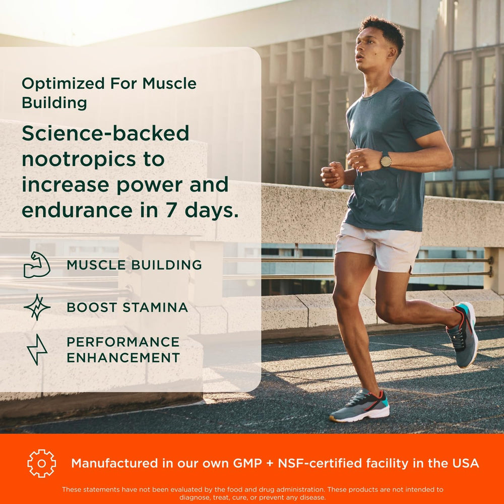 The label view highlights six organic mushrooms for balanced, non-hormonal muscle support.
