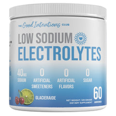 The Good Intentions Club glacieraide powder jar for easy daily hydration with low-sodium formula.