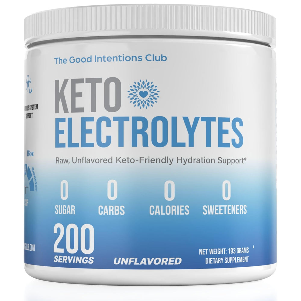 The Good Intentions Club keto electrolytes jar-front for long-lasting hydration during workouts.