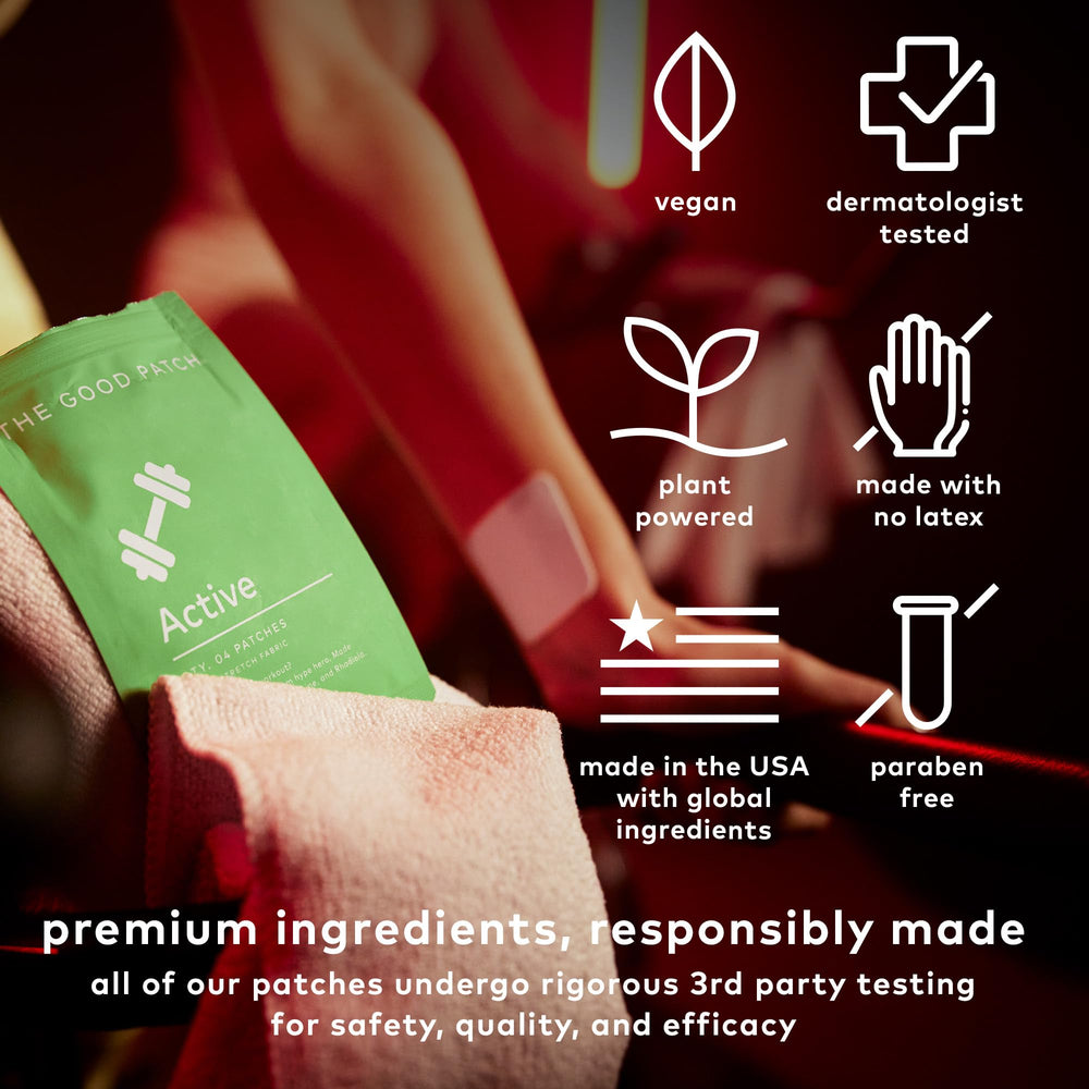 The Good Patch Active Patch packaging shows eight patches across two pouches.