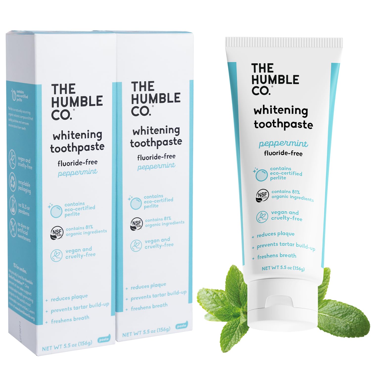 Front view of The Humble Co Natural Whitening Toothpaste Peppermint 5.5 oz 2 pack
