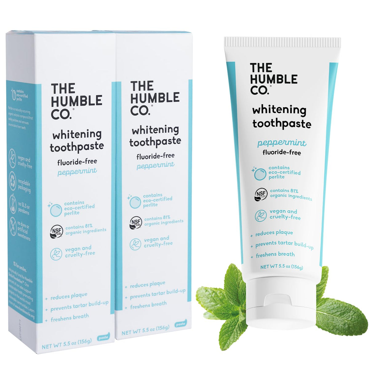 Front view of The Humble Co Natural Whitening Toothpaste Peppermint 5.5 oz 2 pack