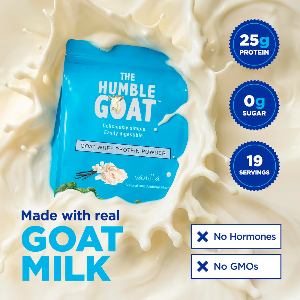 The Humble Goat goat-milk whey chocolate powder scoop with serving suggestion for smoothies.