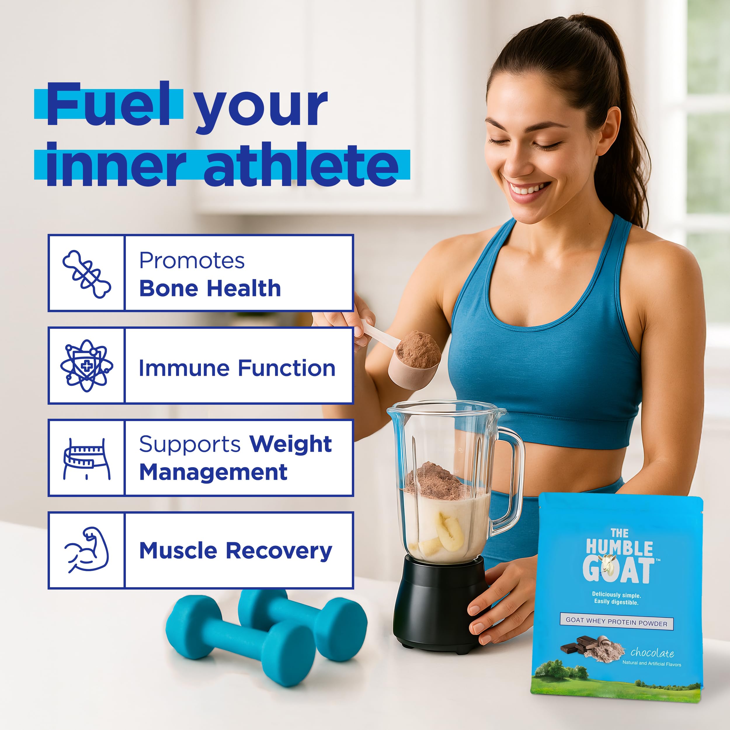 The Humble Goat grass-fed whey chocolate shaker for quick protein shakes.