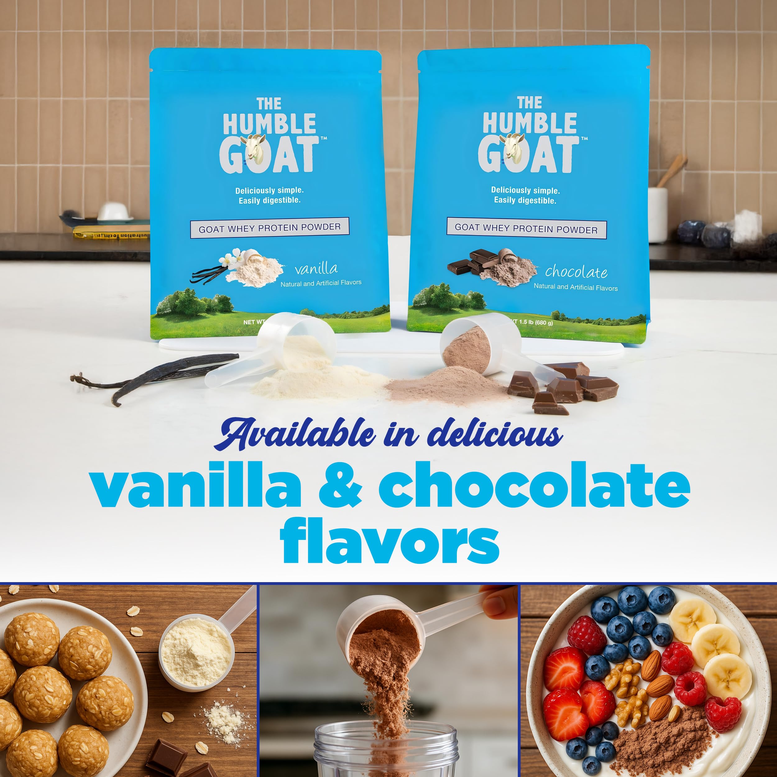 The Humble Goat grass-fed whey chocolate smoothie with fruit cup.