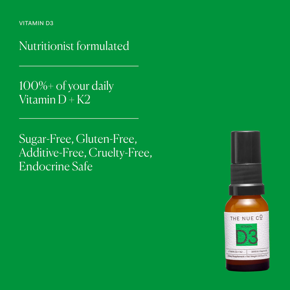 Ingredient panel and vegan gluten-free labels on The Nue Co Vitamin D Spray
