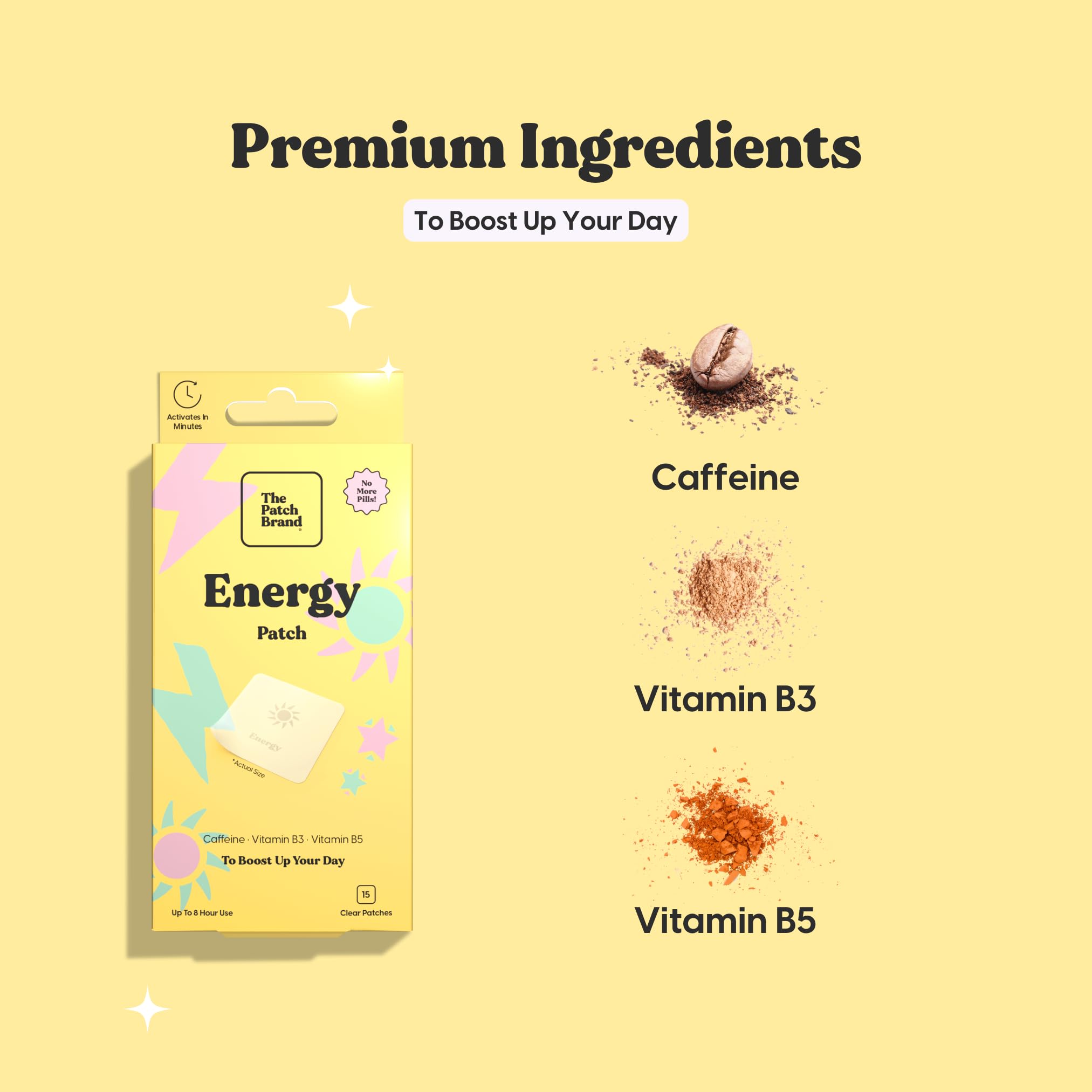 Illustration showing caffeine and B vitamins in The Patch Brand Energy Patch