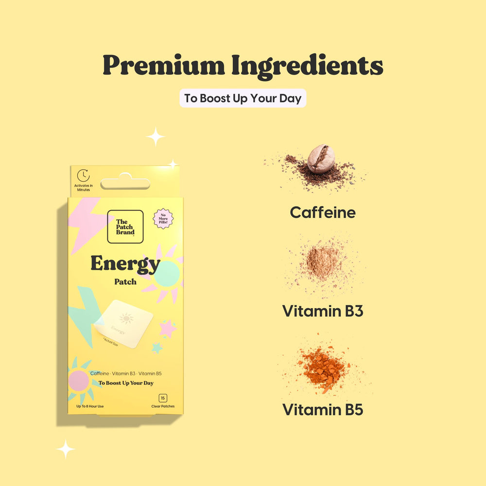 Illustration showing caffeine and B vitamins in The Patch Brand Energy Patch