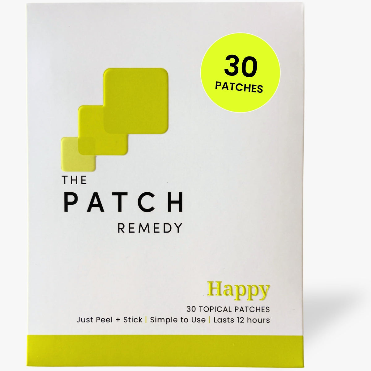 The Patch Remedy product box front showing Happy Patch packaging and benefits