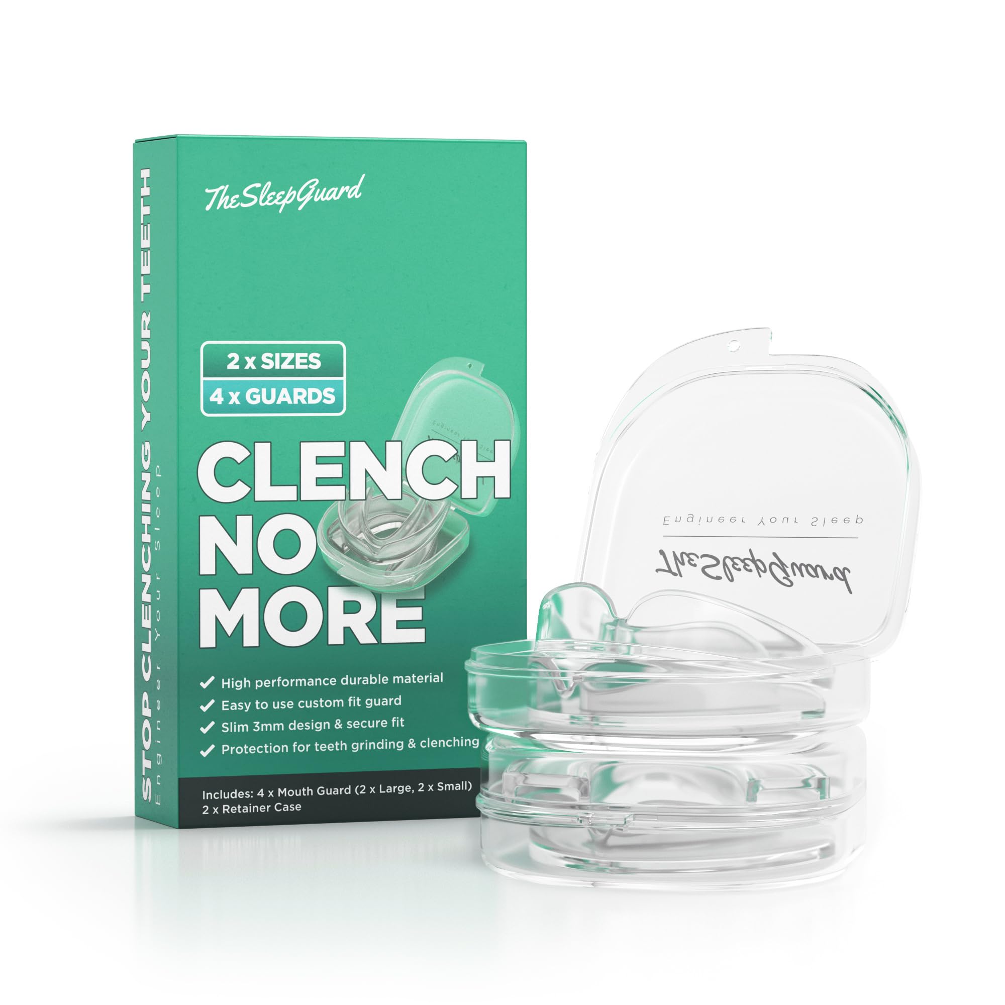 TheSleepGuard mouth guard pack of four in small and large sizes displayed