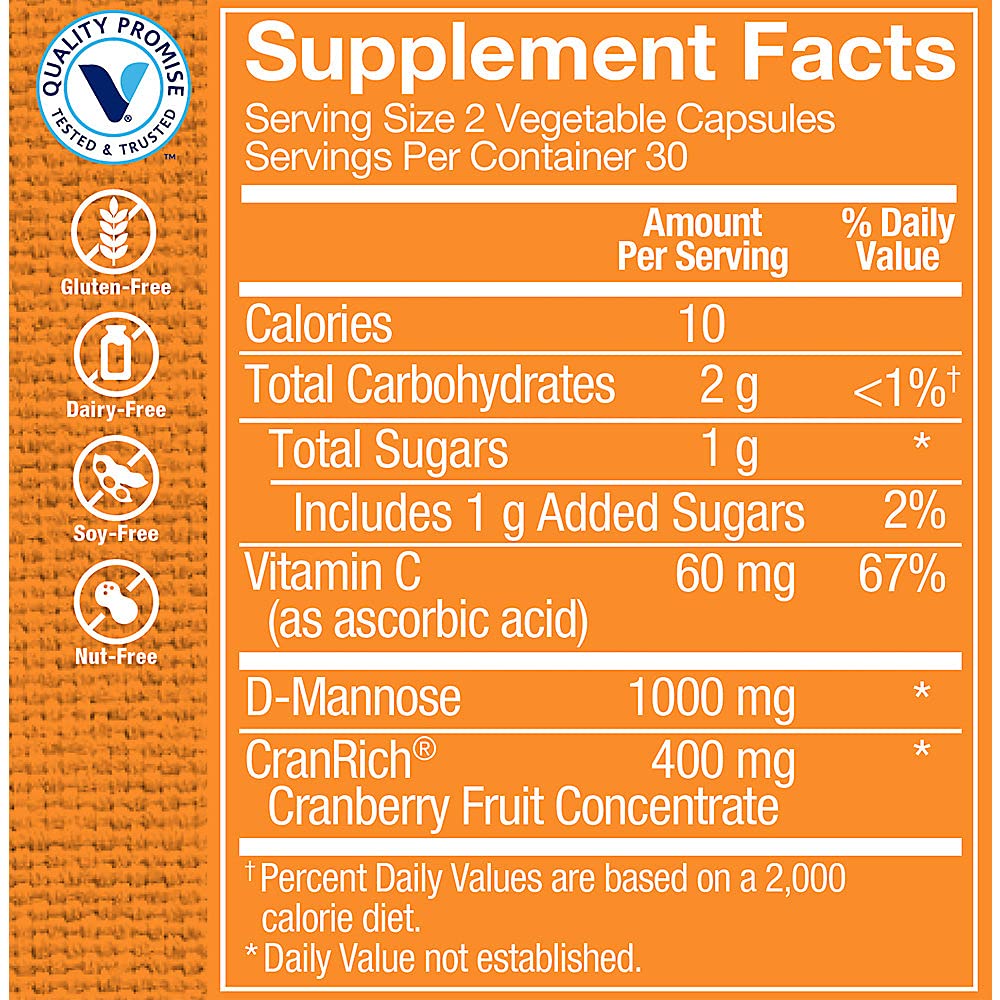 Close-up of cranberry concentrate and D-mannose ingredients