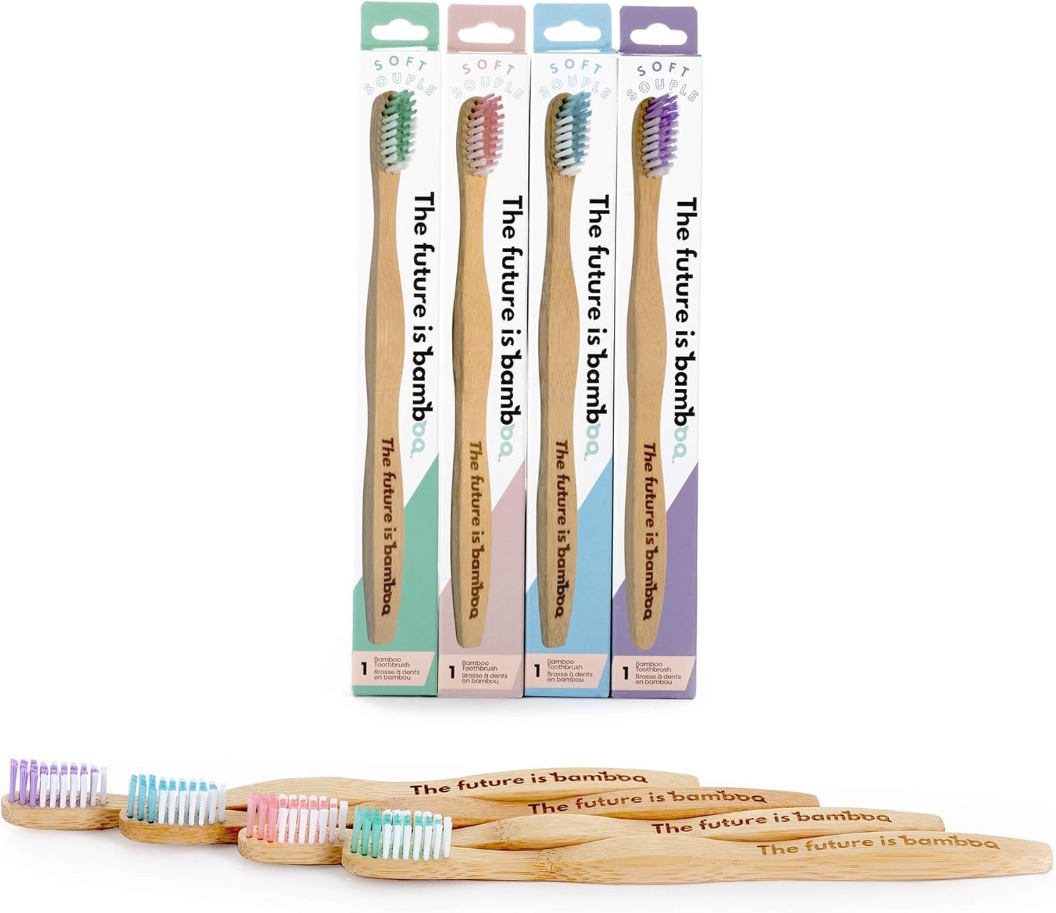 Front view of The Future Is Bamboo pack of 4 toothbrushes