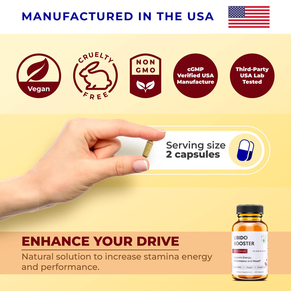 Graphic image showing Maca Root, Korean Red Ginseng and L-Theanine ingredients